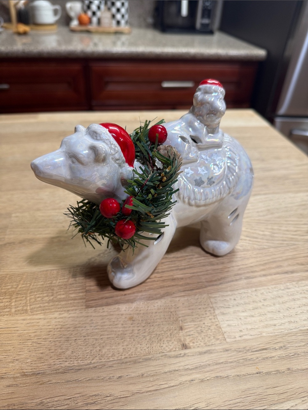 Iridescent White Ceramic Holiday Bear Figurine with Red Accents
